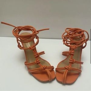 - - ANTHROPOLOGIE Orange Leather Caged Strappy Sandals